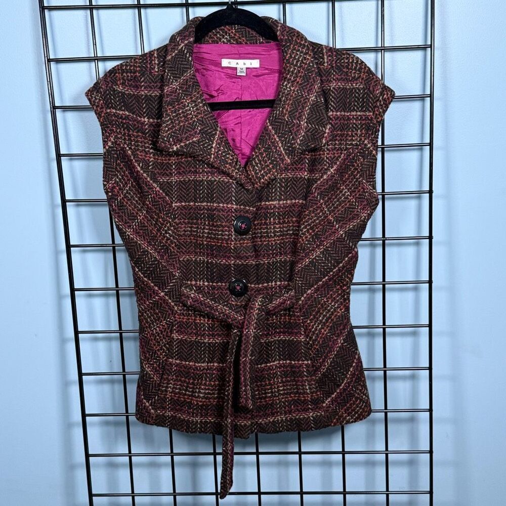 CAbi Tweed Plaid Cap Sleeve Blazer‎ Womens M Brown Wool Cottagecore Fall